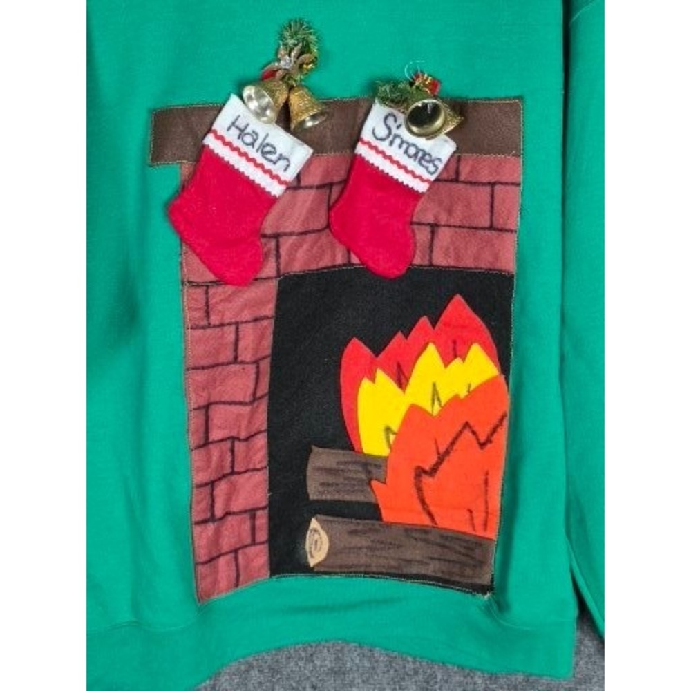 VTG Hanes Ecosmart Ugly Christmas Sweater Fireplace Stockings XL Festive Casual - Picture 7 of 8